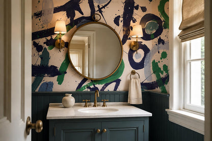 Navy Green Gestural Graffiti Wallpaper Mural