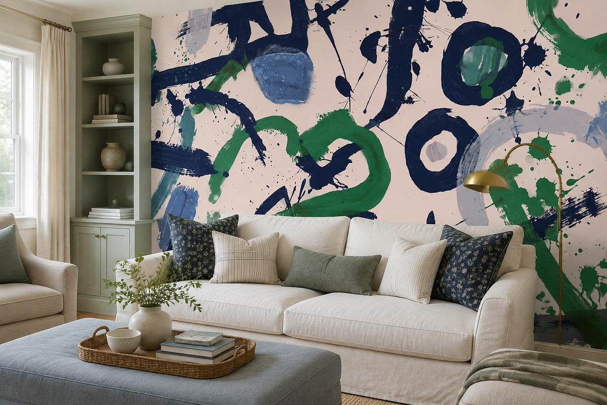 Navy Green Gestural Graffiti Wallpaper Mural