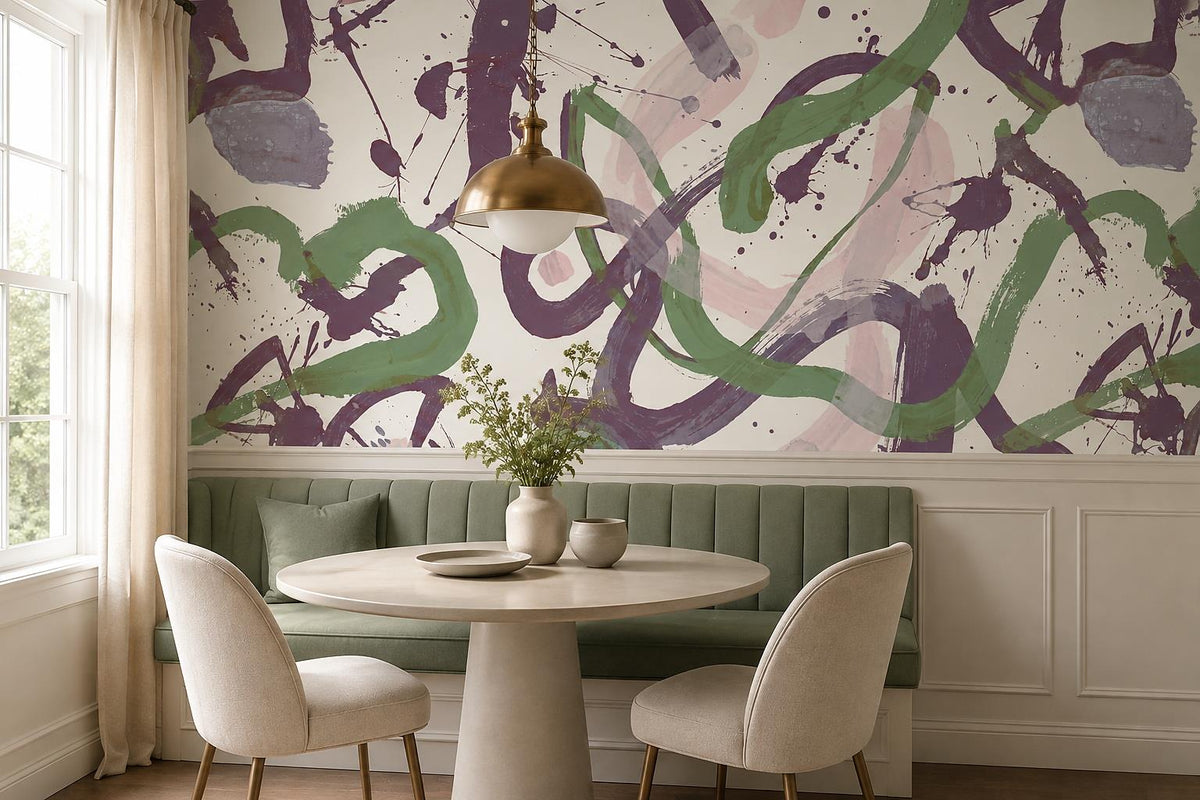 Purple Green Gestural Loop Wallpaper Mural interior scene