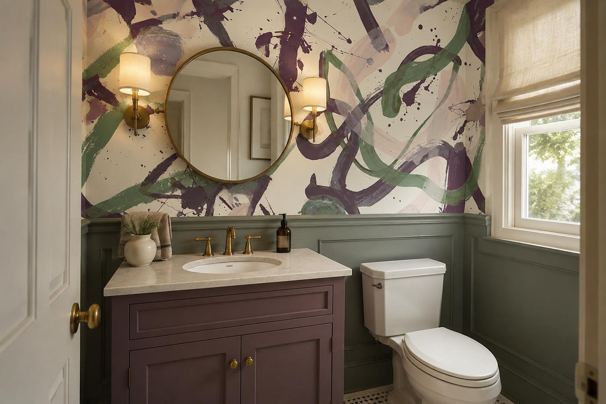 Purple Green Gestural Loop Wallpaper Mural interior scene