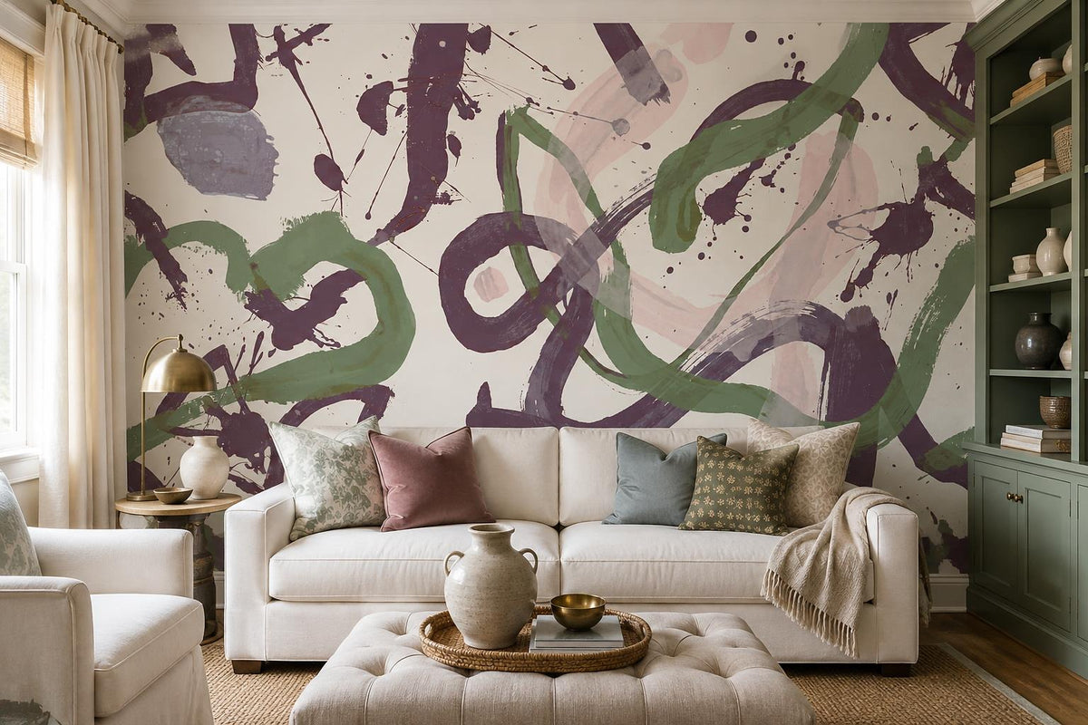 Purple Green Gestural Loop Wallpaper Mural interior scene