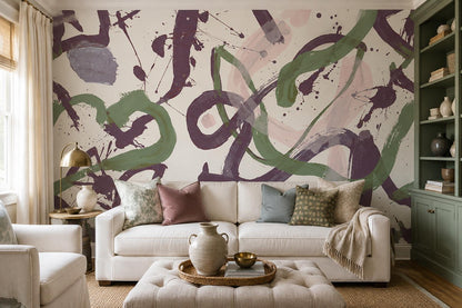 Purple Green Gestural Loop Wallpaper Mural interior scene
