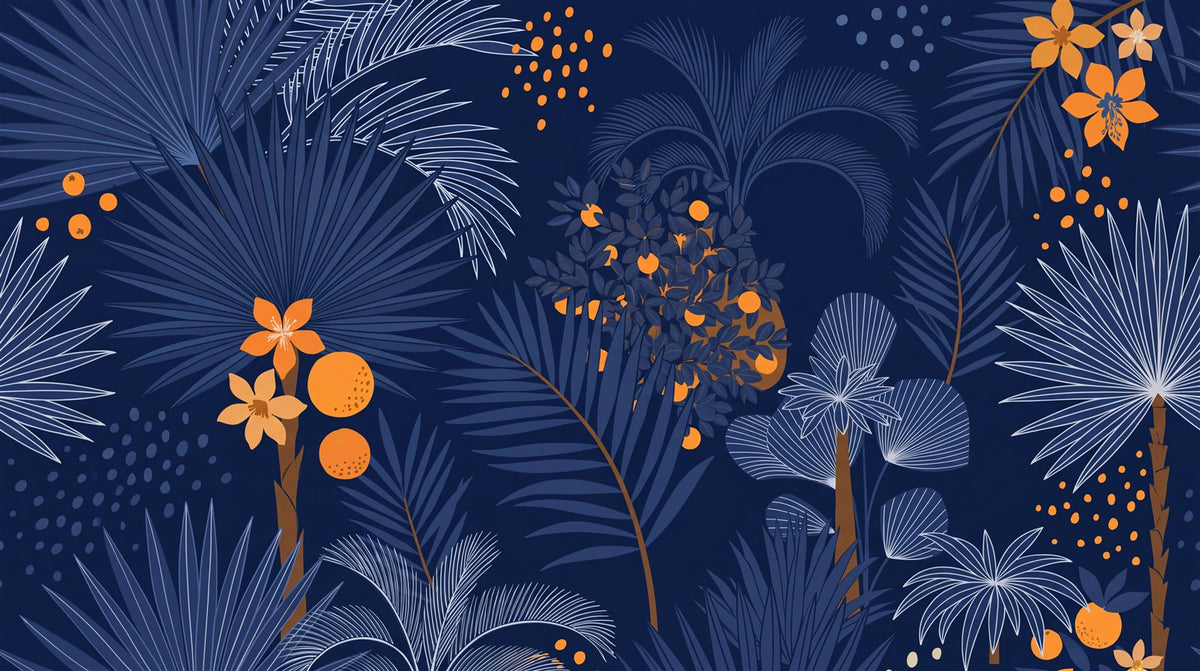 Navy Night Palms And Orange Flowers Wallpaper Mural pattern detail