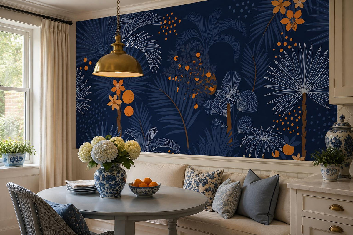 Navy Night Palms And Orange Flowers Wallpaper Mural interior scene