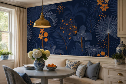 Navy Night Palms And Orange Flowers Wallpaper Mural interior scene