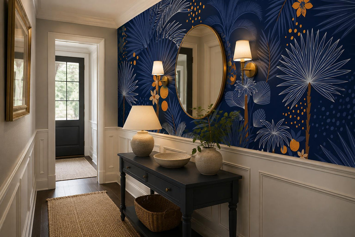 Navy Night Palms And Orange Flowers Wallpaper Mural interior scene