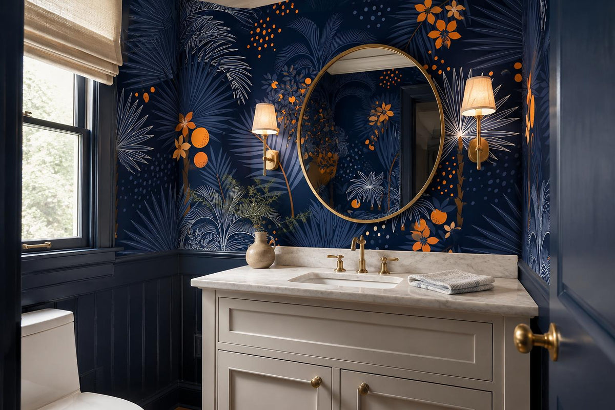 Navy Night Palms And Orange Flowers Wallpaper Mural interior scene