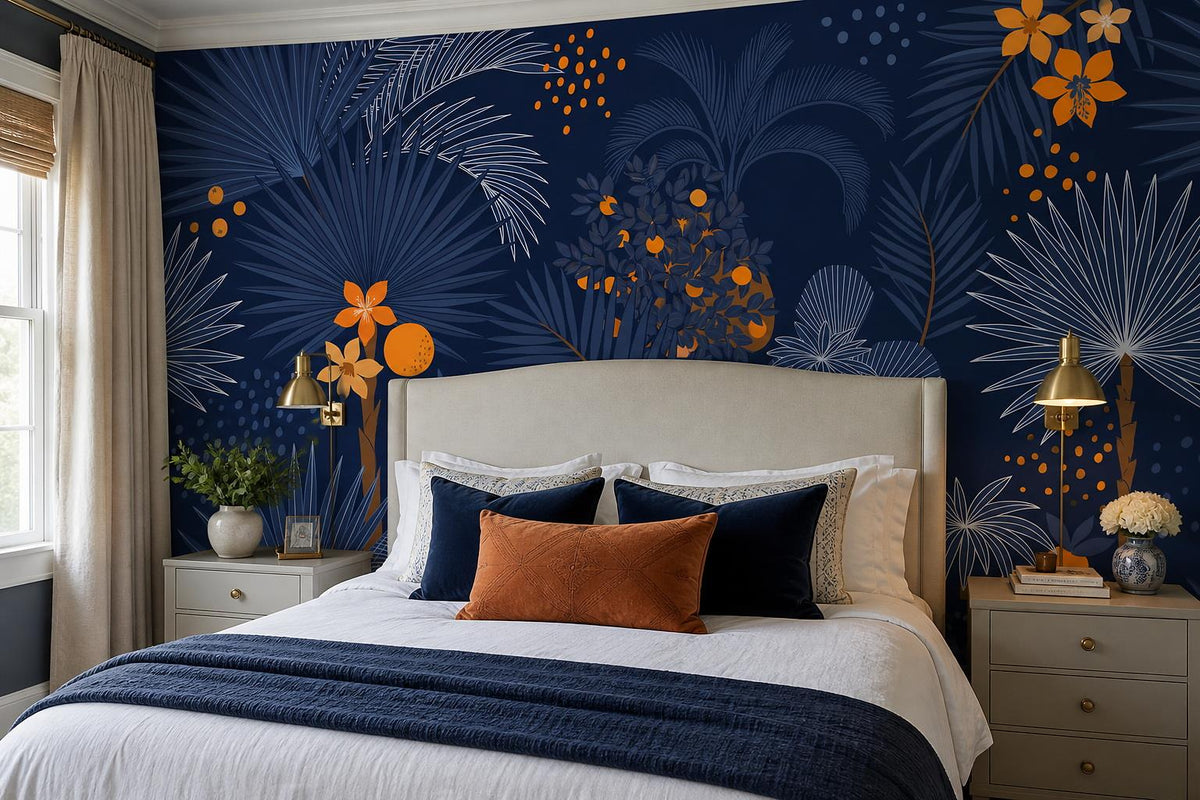 Navy Night Palms And Orange Flowers Wallpaper Mural room scene