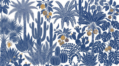 Blue Desert Cactus Botanical Wallpaper Mural pattern detail