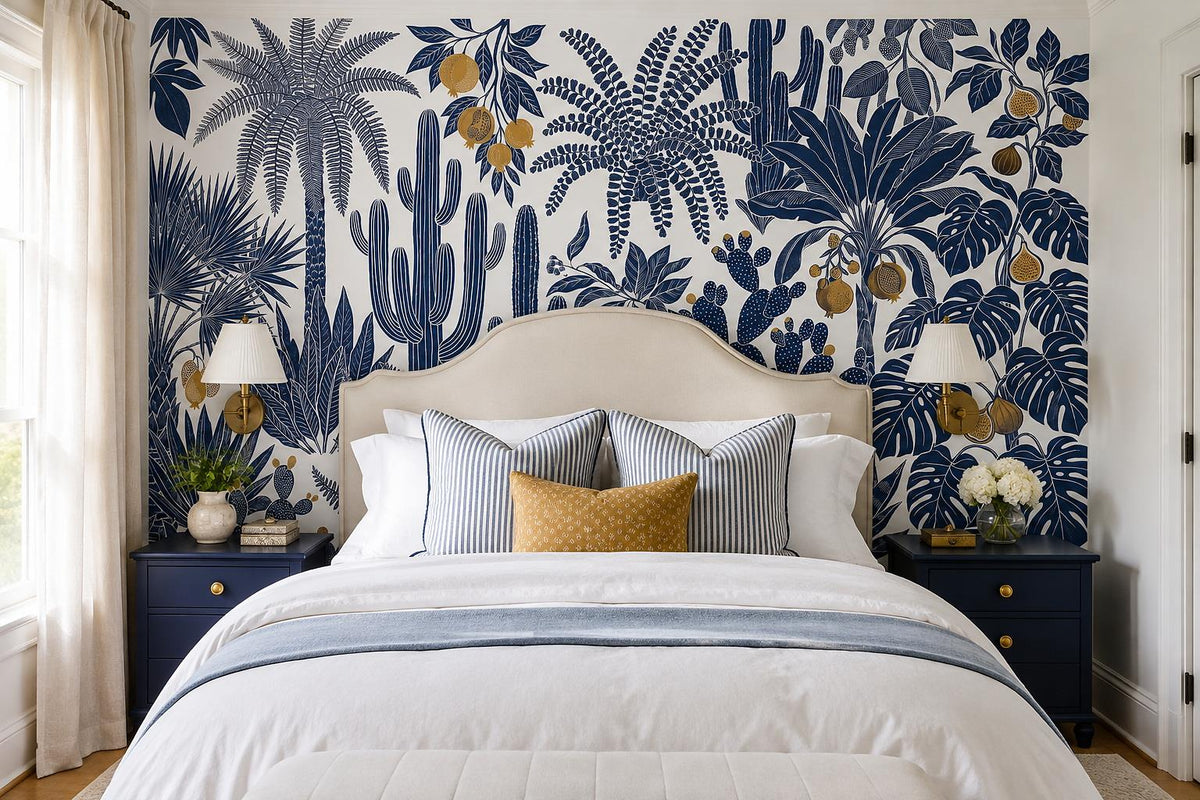 Blue Desert Cactus Botanical Wallpaper Mural interior scene