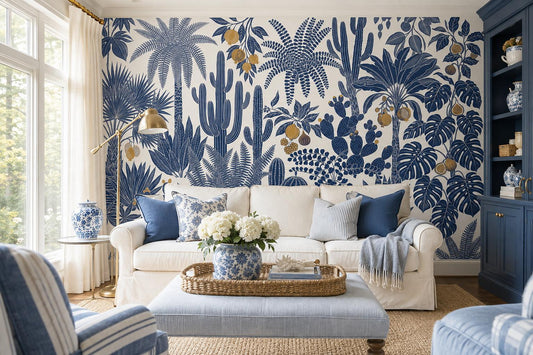 Blue Desert Cactus Botanical Wallpaper Mural room scene