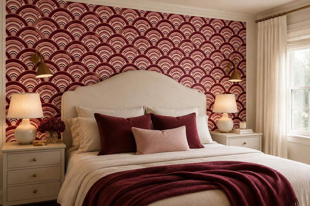 Burgundy Art Deco Scallops Wallpaper Mural interior scene