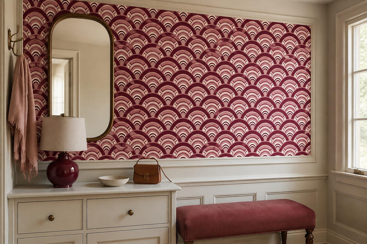 Burgundy Art Deco Scallops Wallpaper Mural interior scene