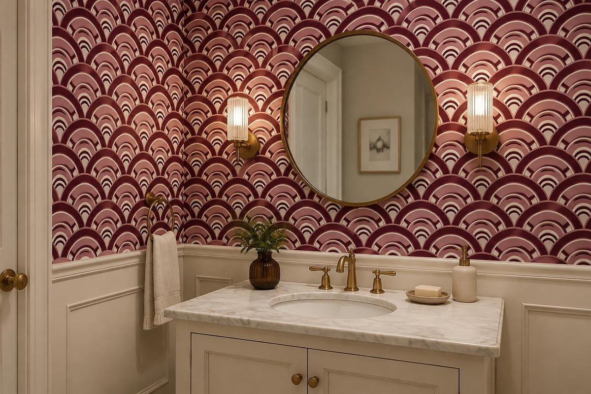 Burgundy Art Deco Scallops Wallpaper Mural interior scene