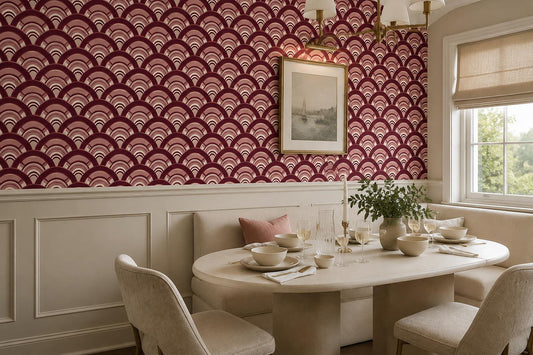 Burgundy Art Deco Scallops Wallpaper Mural room scene