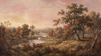 Romantic River Valley Oak Tree Wallpaper Mural pattern detail
