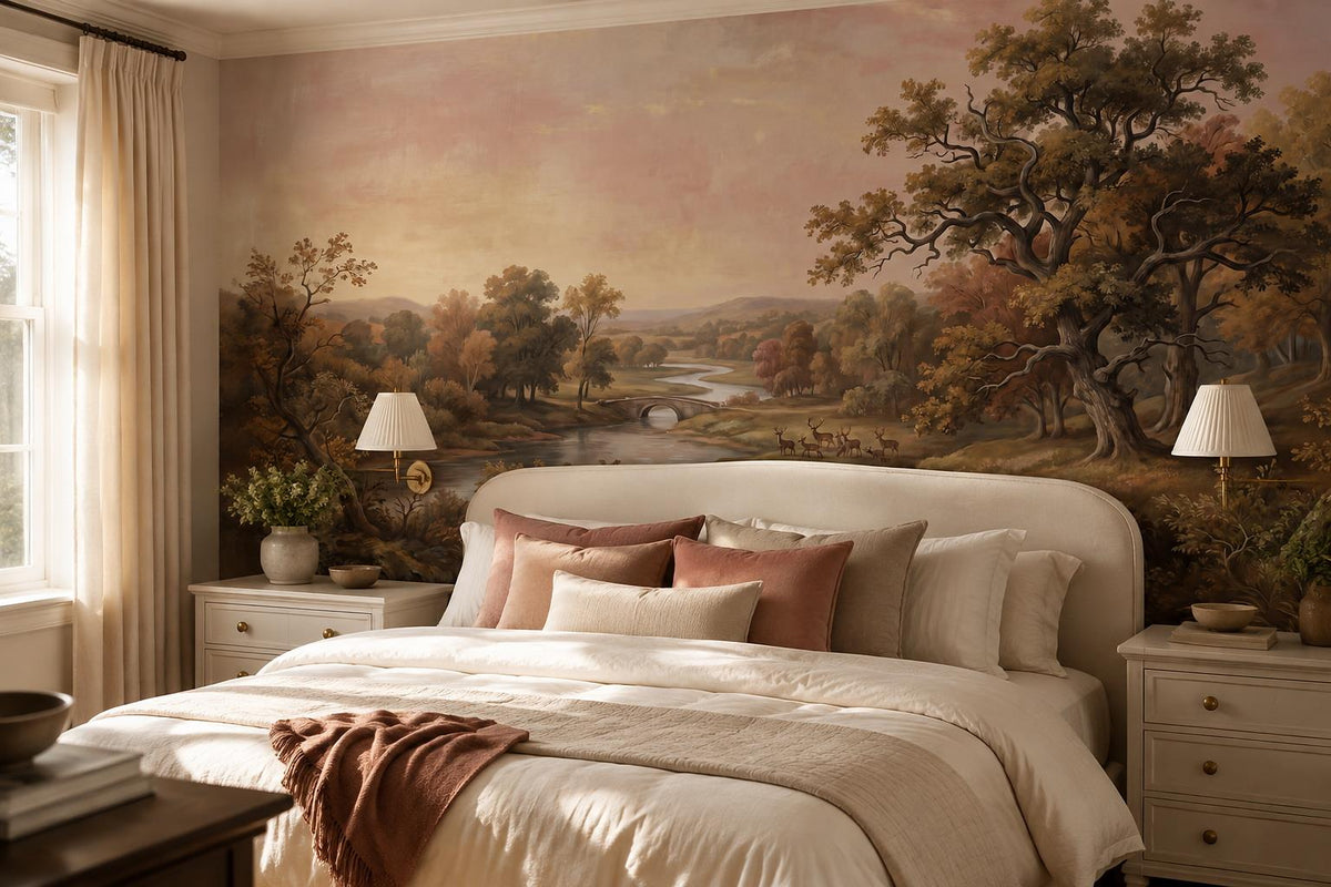 Romantic River Valley Oak Tree Wallpaper Mural interior scene