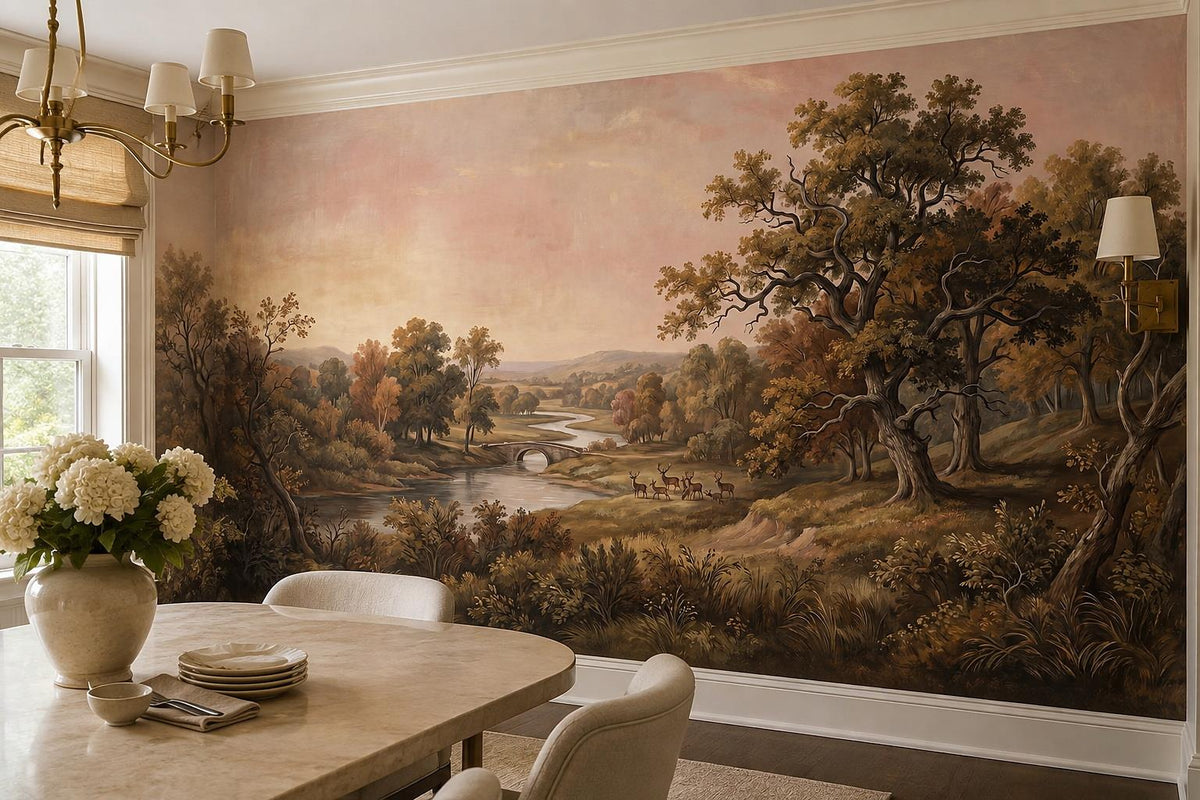 Romantic River Valley Oak Tree Wallpaper Mural interior scene