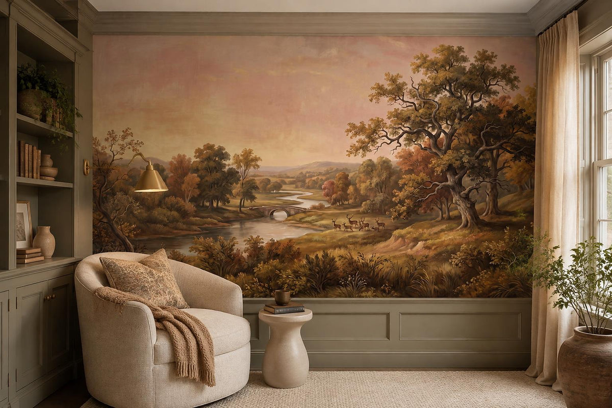 Romantic River Valley Oak Tree Wallpaper Mural interior scene