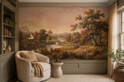Romantic River Valley Oak Tree Wallpaper Mural interior scene