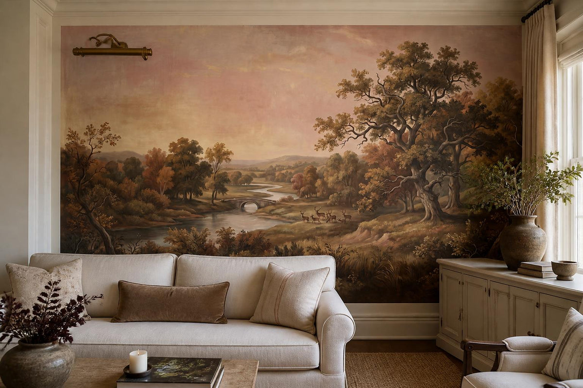 Romantic River Valley Oak Tree Wallpaper Mural room scene