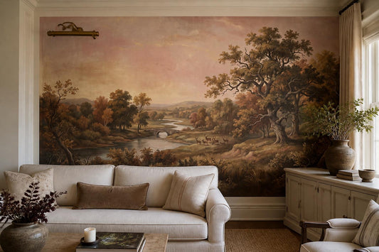 Romantic River Valley Oak Tree Wallpaper Mural room scene