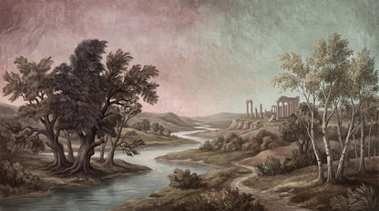 Mauve Green River Ruins Wallpaper Mural pattern detail