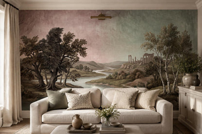 Mauve Green River Ruins Wallpaper Mural room scene
