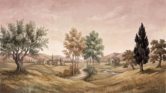 Blush Country Path Olive Tree Wallpaper Mural pattern detail