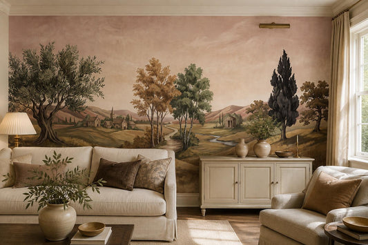 Blush Country Path Olive Tree Wallpaper Mural room scene
