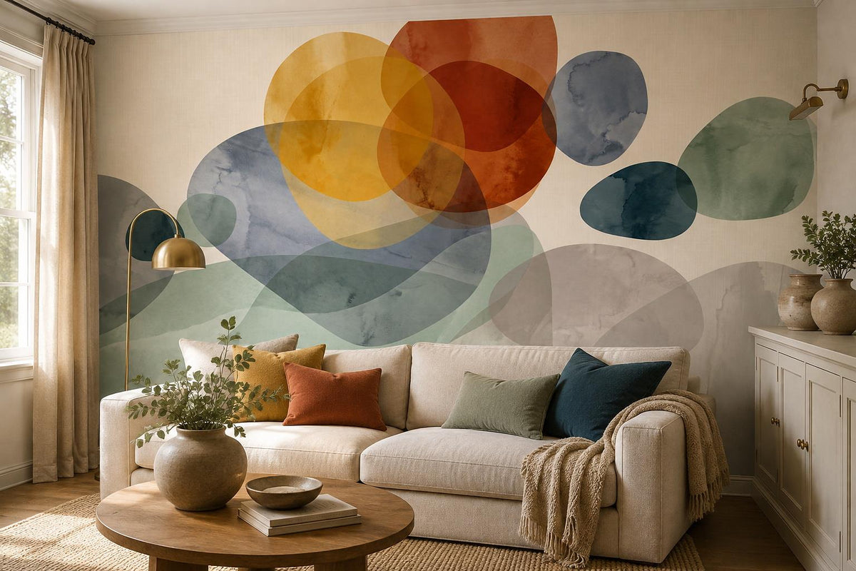 Sage Ochre Watercolour Circles Wallpaper Mural interior scene