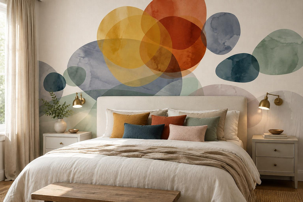 Sage Ochre Watercolour Circles Wallpaper Mural room scene
