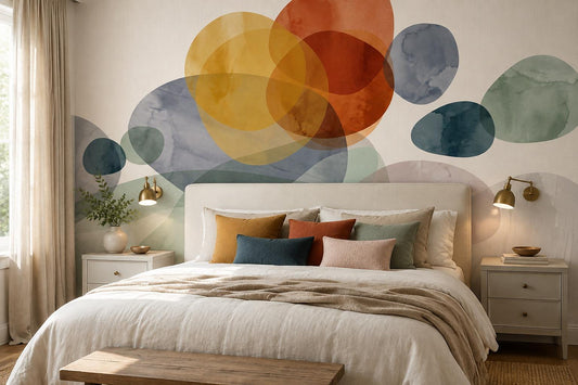 Sage Ochre Watercolour Circles Wallpaper Mural room scene