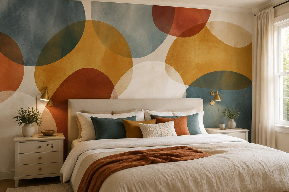 Teal Ochre Retro Circles Wallpaper Mural interior scene