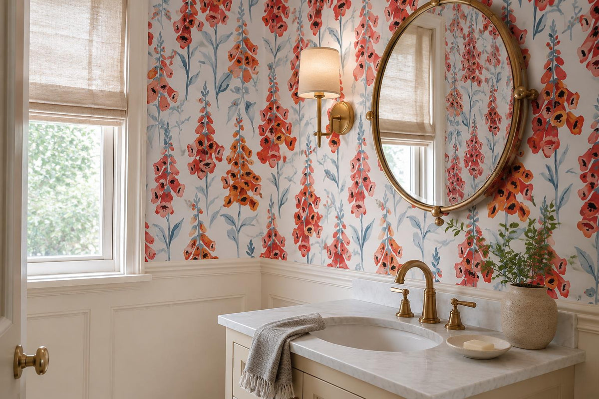 Orange Foxglove Watercolour Wallpaper Mural interior scene