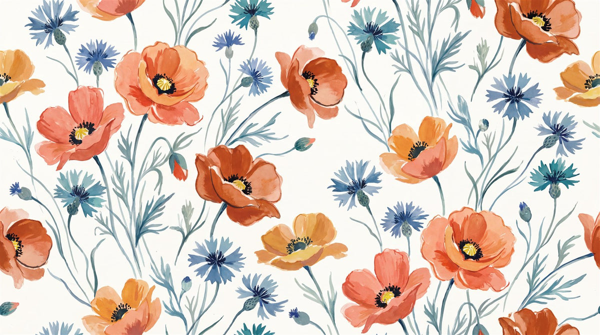 Orange Poppies And Blue Cornflowers Wallpaper Mural