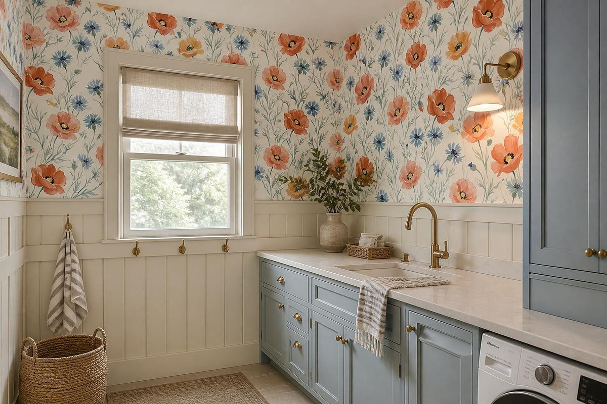 Orange Poppies And Blue Cornflowers Wallpaper Mural interior scene