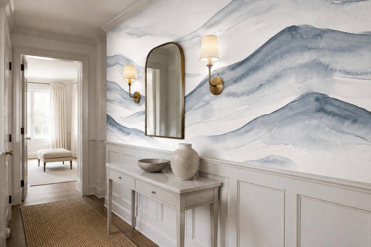 Layered Blue Watercolour Hills Wallpaper Mural interior scene