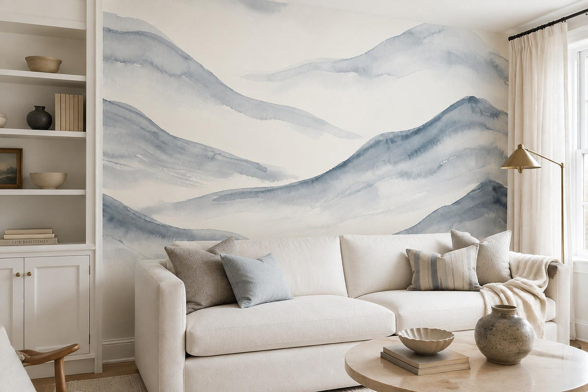 Layered Blue Watercolour Hills Wallpaper Mural interior scene