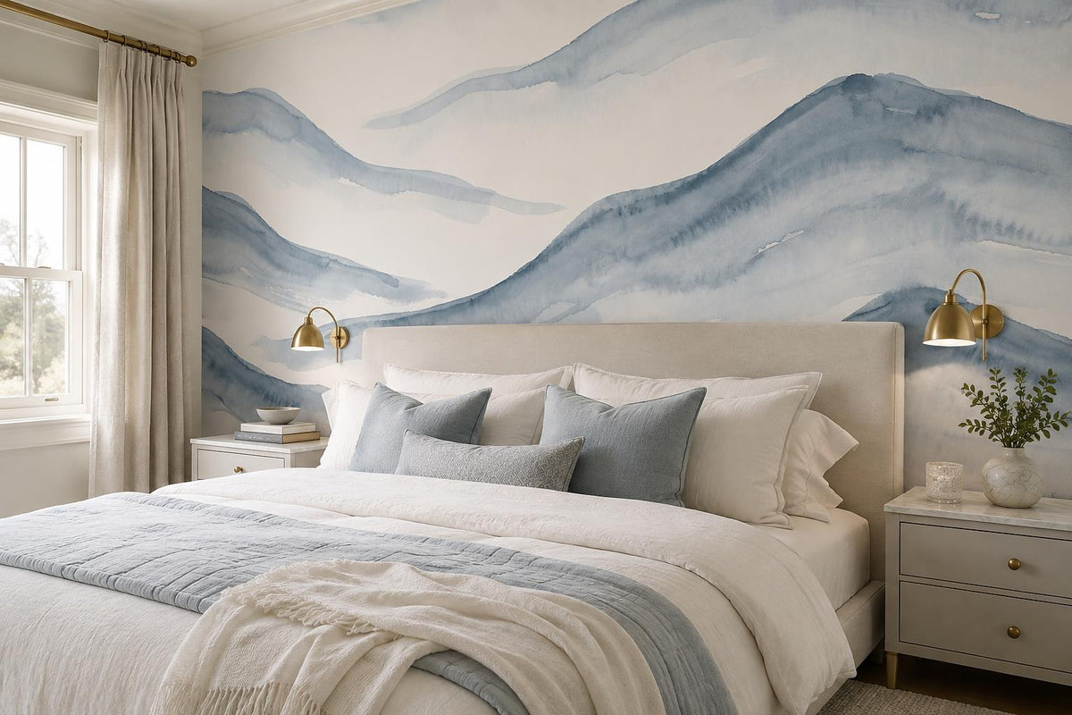 Layered Blue Watercolour Hills Wallpaper Mural room scene