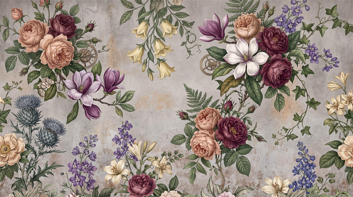Grey Mauve Vintage Floral Garland Wallpaper Mural