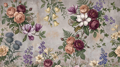 Grey Mauve Vintage Floral Garland Wallpaper Mural pattern detail