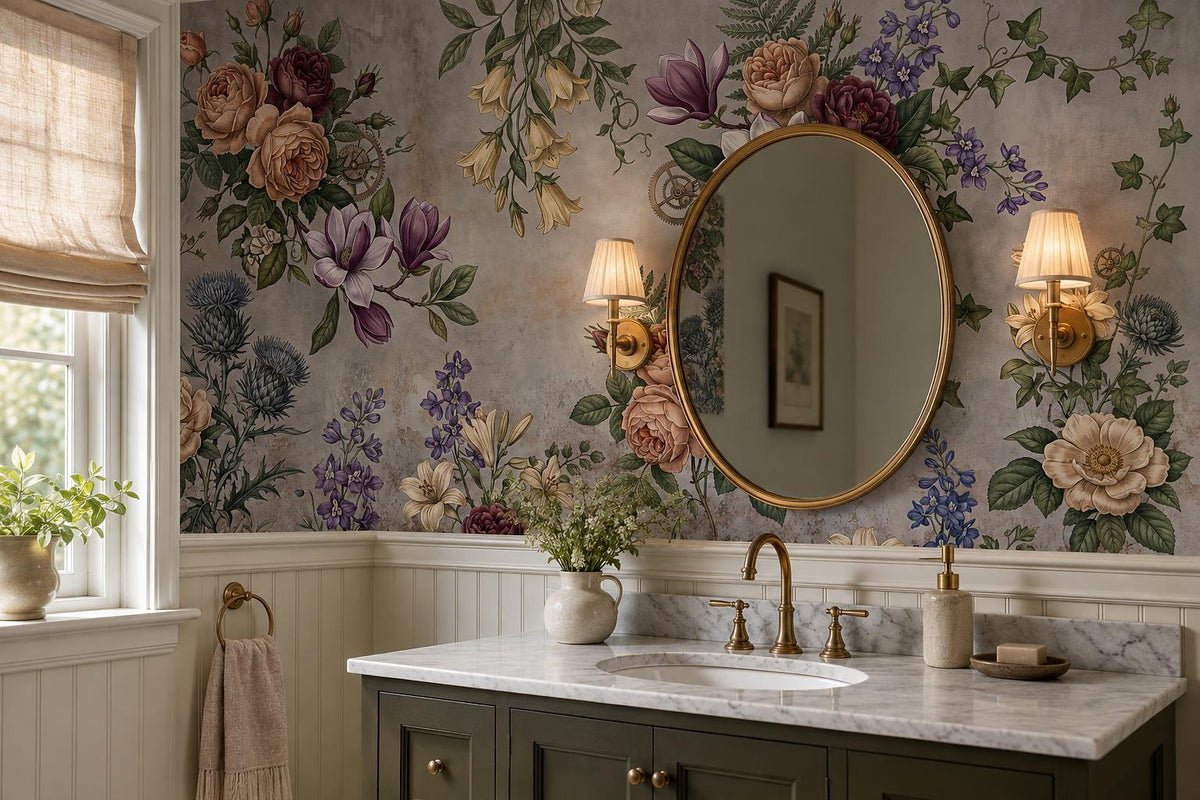 Grey Mauve Vintage Floral Garland Wallpaper Mural interior scene