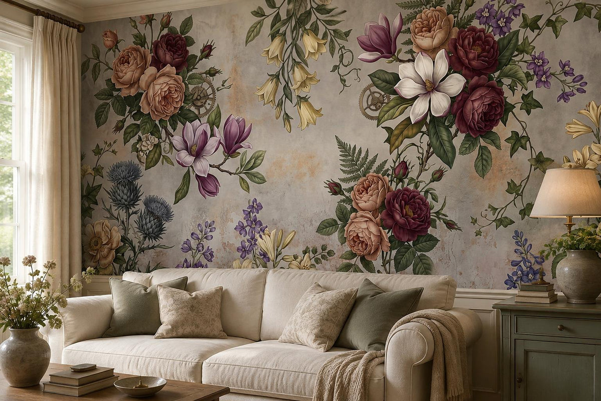 Grey Mauve Vintage Floral Garland Wallpaper Mural interior scene
