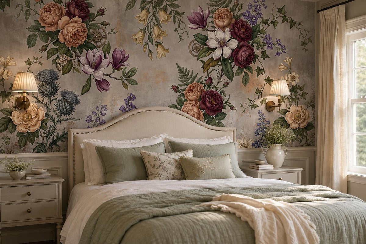 Grey Mauve Vintage Floral Garland Wallpaper Mural room scene