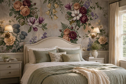 Grey Mauve Vintage Floral Garland Wallpaper Mural room scene