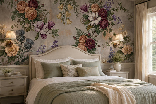 Grey Mauve Vintage Floral Garland Wallpaper Mural room scene
