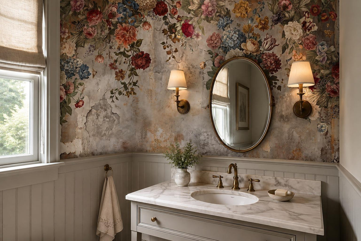 Weathered Floral Fresco Wallpaper Mural interior scene