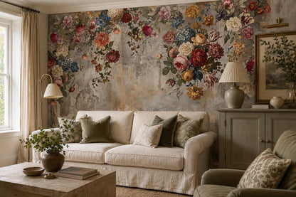 Weathered Floral Fresco Wallpaper Mural interior scene