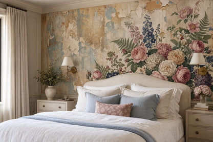 Beige Pink Antique Floral Plaster Wallpaper Mural interior scene